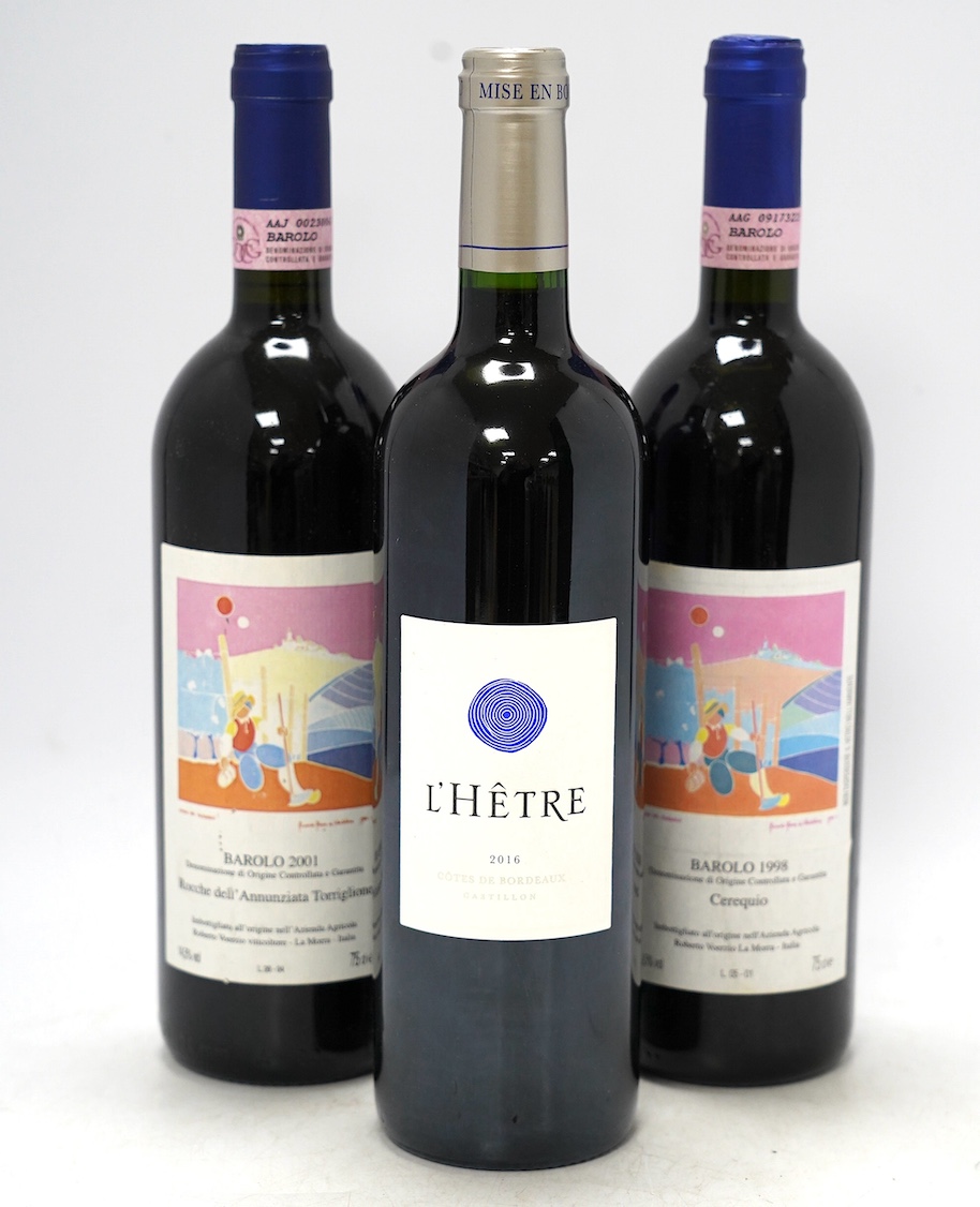 Eighteen bottles of wine including; twelve bottles of Barolo 1998, 2001 and 2005, and six bottles of L’Hetre 2016. Condition - externally good, storage unknown